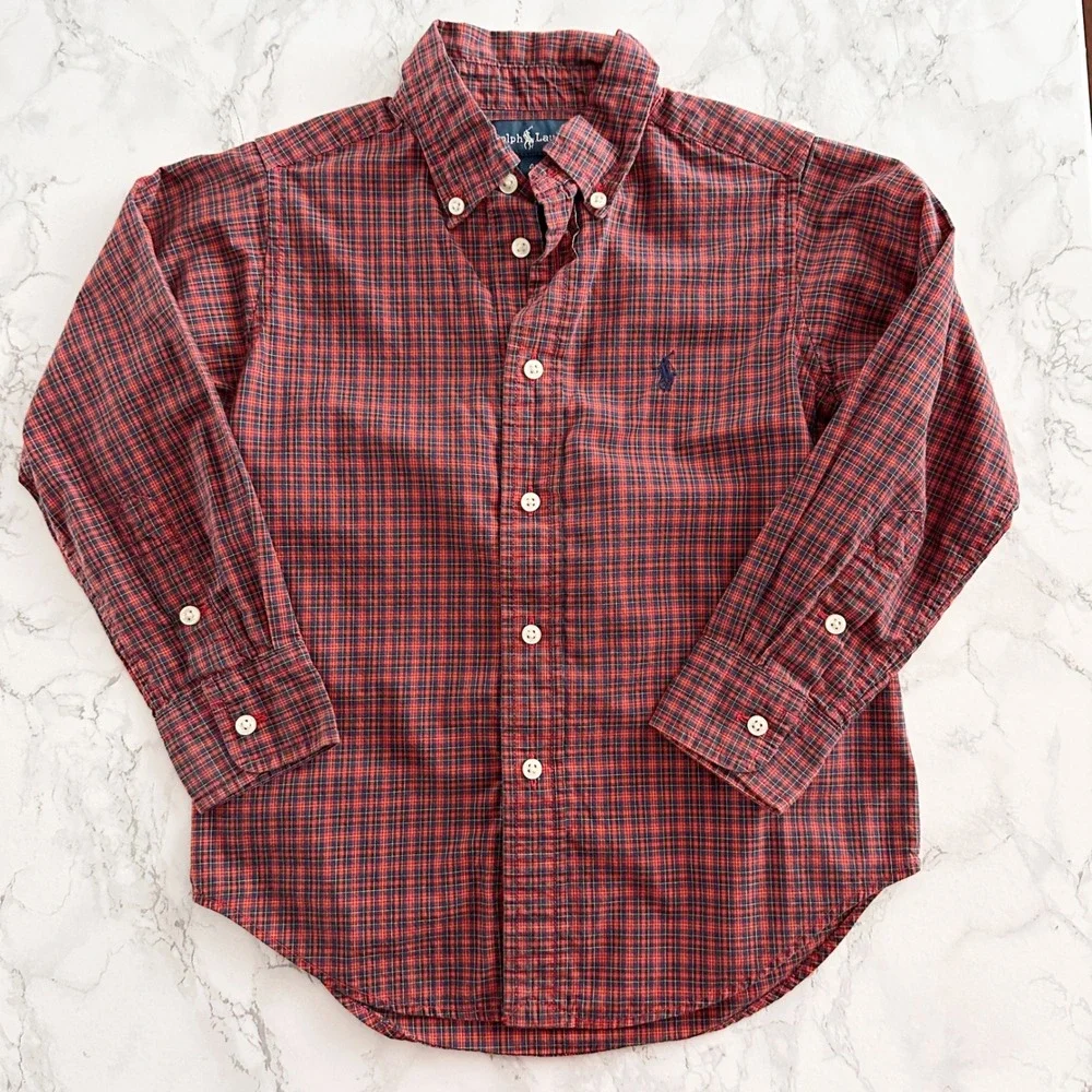 Ralph Lauren Cotton Long Sleeve Plaid Red Button Down Shirt Kids Size 4